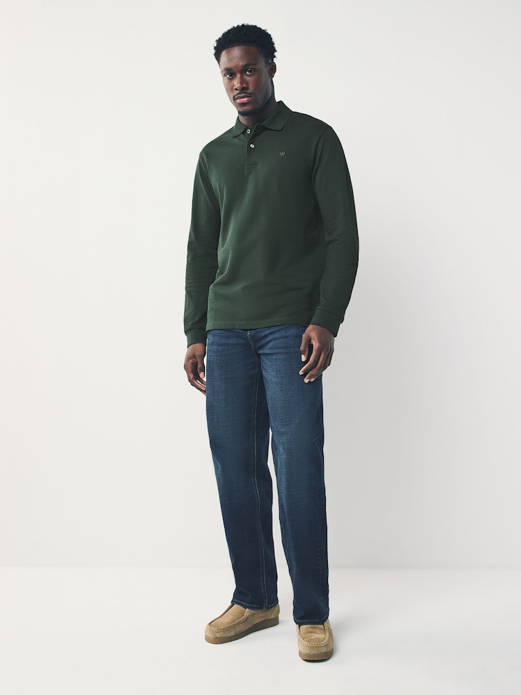 Olive Green Regular Fit Long Sleeve Pique Polo Shirt - Image 2 of 7