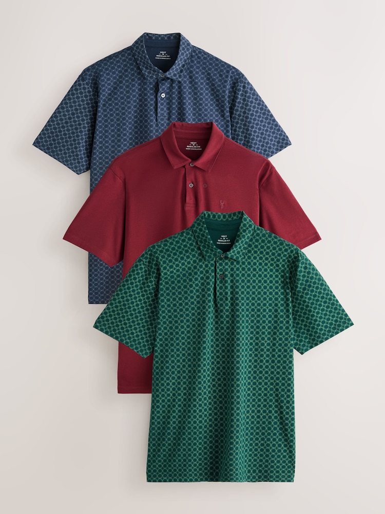 Navy/Green/Burgundy/Geos Regular Fit Short Sleeve Jersey Polo Shirts 3 Pack - Image 1 of 8 Navy/Green/Burgundy/Geos Regular Fit Short Sleeve Jersey Polo Shirts 3 Pack - Image 1 of 8