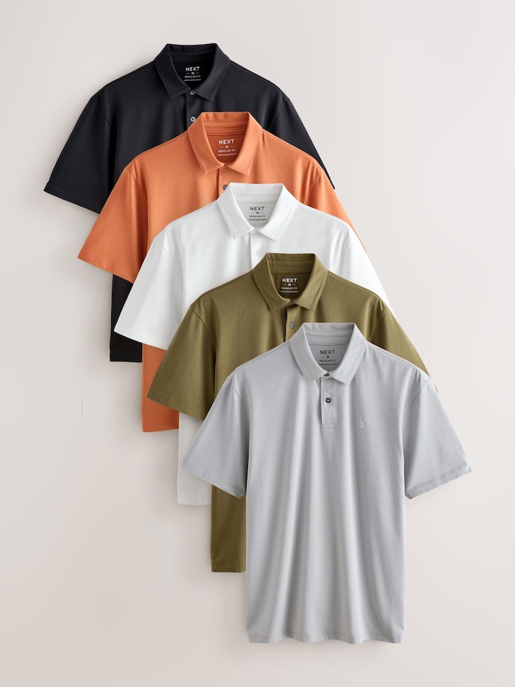 Amber/Olive/Greys Regular Fit Short Sleeve Jersey Polo Shirts 5 Pack - Image 1 of 8 Amber/Olive/Greys Regular Fit Short Sleeve Jersey Polo Shirts 5 Pack - Image 1 of 8