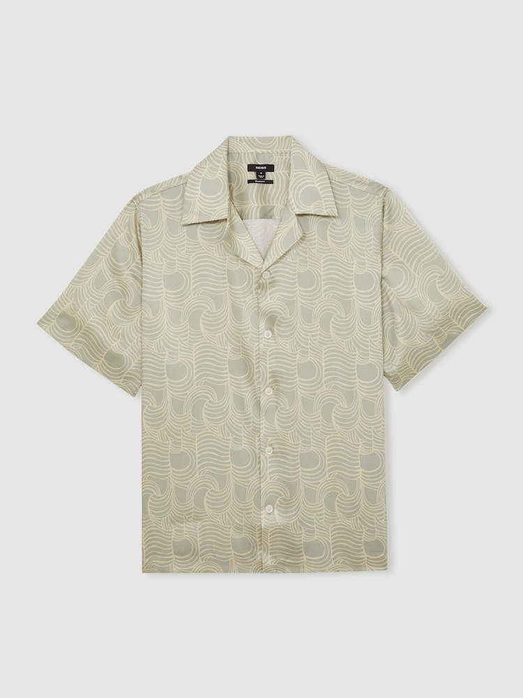 Reiss Sage Green Waver Wave Print Cuban Collar Shirt - Image 2 of 5 Reiss Sage Green Waver Wave Print Cuban Collar Shirt - Image 2 of 5