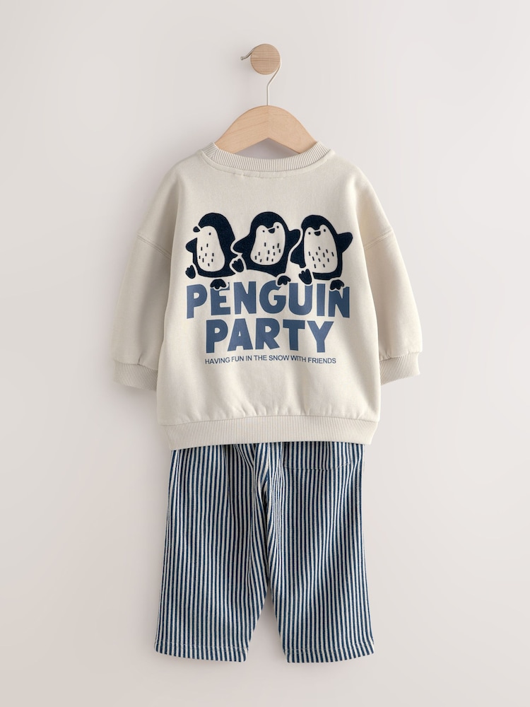 Buy Ecru White Penguin Single Sweatshirt And Stripe Joggers Set