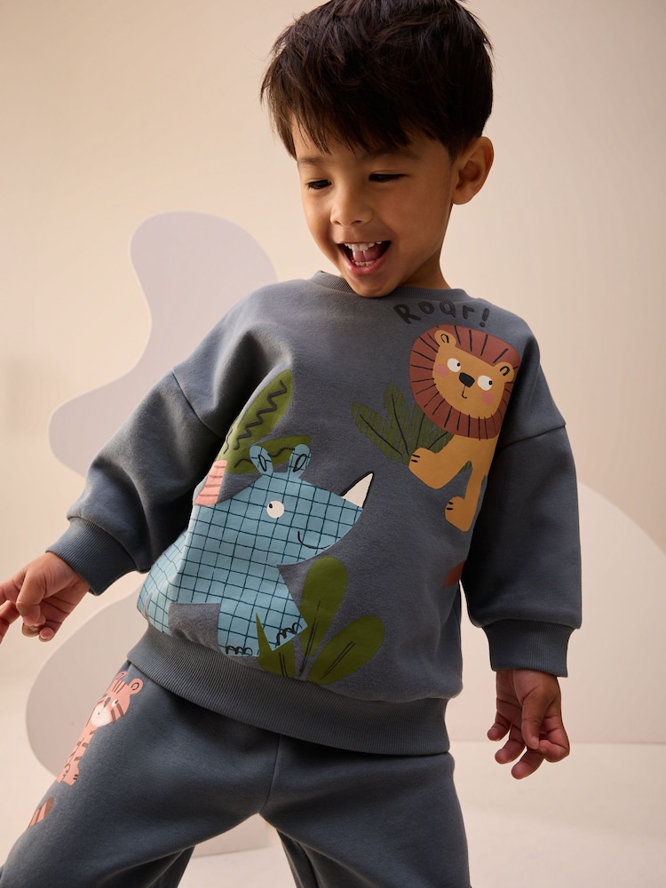 Blue Safari Animals Printed Sweatshirt and Joggers Set (3mths-7yrs) - Image 4 of 4