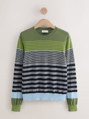 Green Multi Stripe 100% Merino Wool N.Premium Long Sleeve Crew Neck Jumper - Image 1 of 4