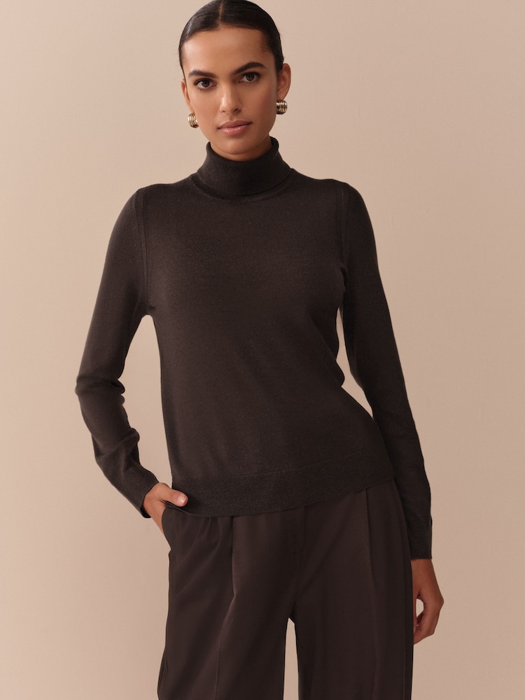Chocolate Brown 100% Merino Wool N.Premium Roll Neck Jumper - Image 2 of 8