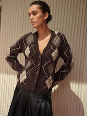 Chocolate Brown Argyle 100% Merino Wool N. Premium Cardigan - Image 3 of 5