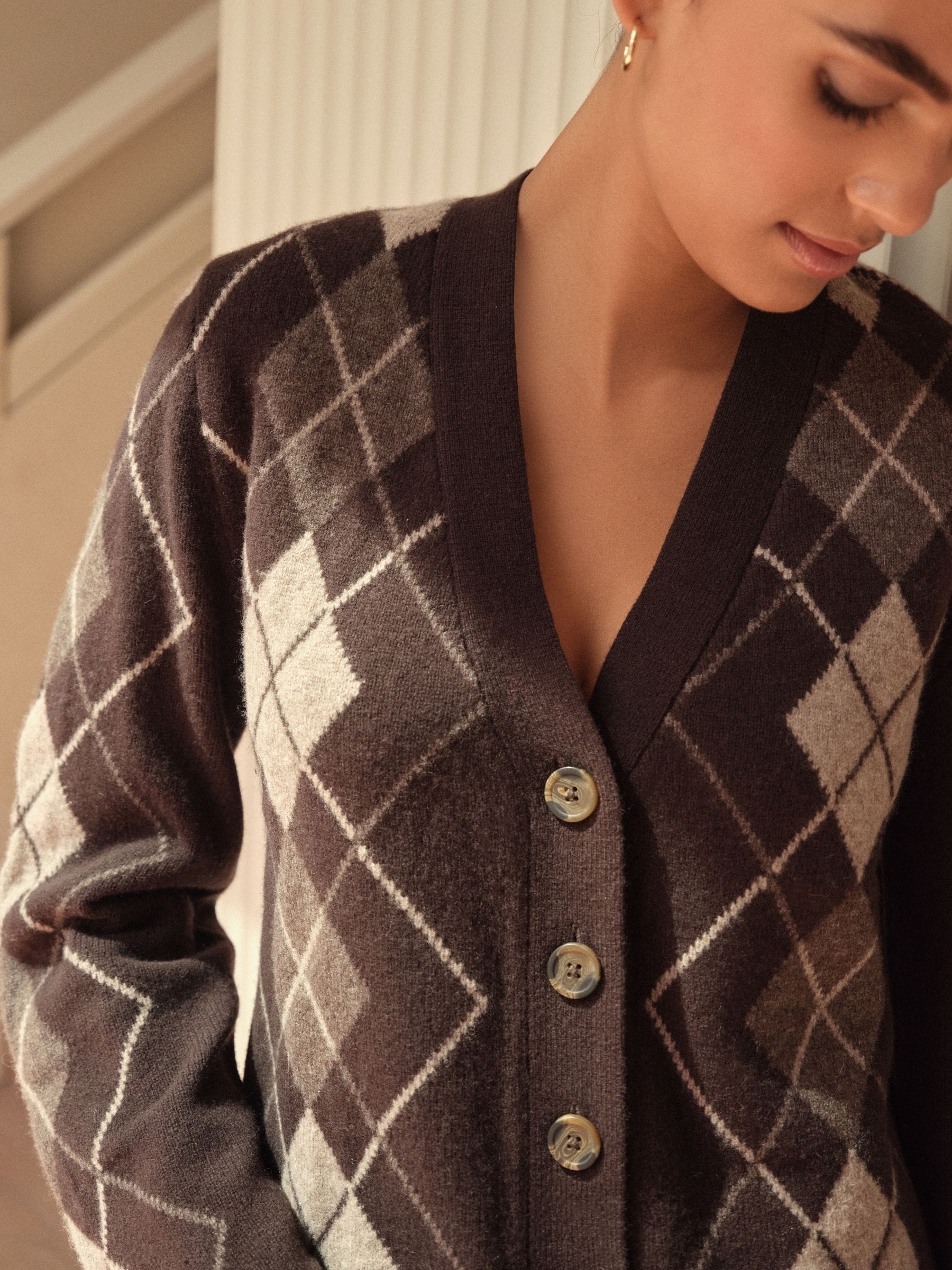 Buy Chocolate Brown Argyle 100% Merino Wool N. Premium Cardigan