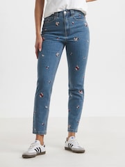 Simply Be Blue Slim Floral Print Embroidered Mom Jeans - Image 1 of 1
