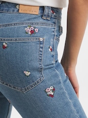 Simply Be Blue Slim Floral Print Embroidered Mom Jeans - Image 3 of 4