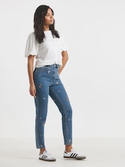 Simply Be Blue Slim Floral Print Embroidered Mom Jeans - Image 4 of 4
