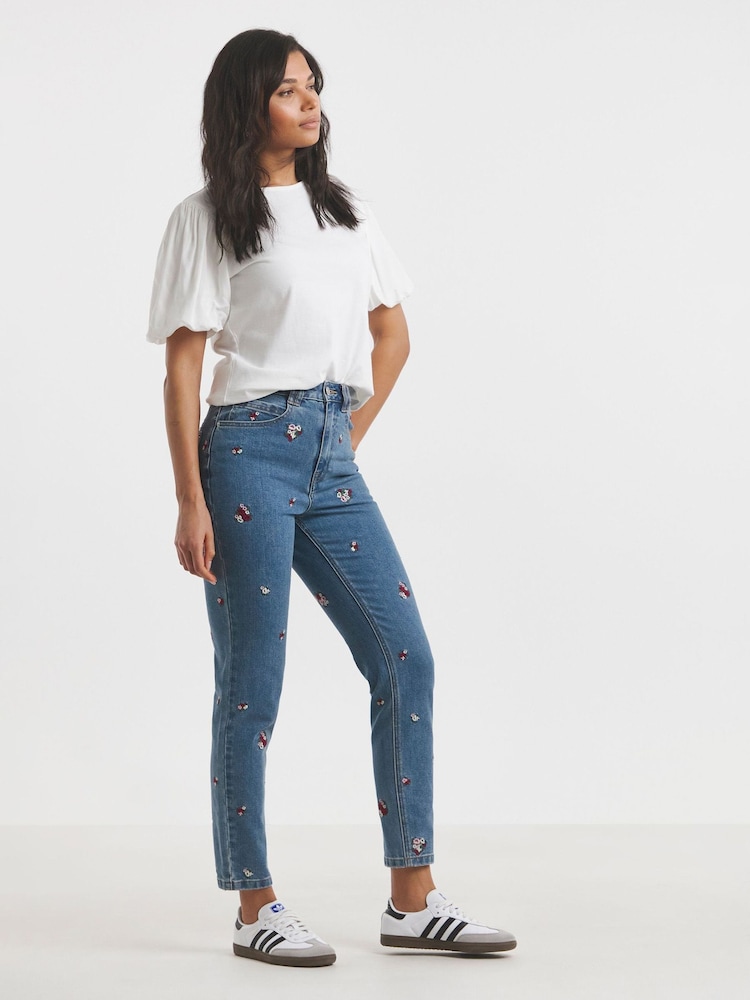 Simply Be Blue Slim Floral Print Embroidered Mom Jeans - Image 4 of 4