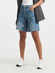 Simply Be Blue Fruit Embroidered Bermuda Shorts - Image 4 of 4
