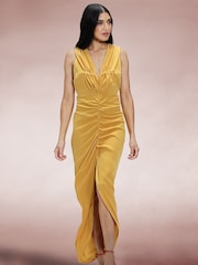 Hot Squash Yellow Deep V-Neck Ruched Dress - Image 1 of 4