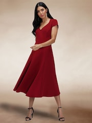 Hot Squash Red A Line Midi Dress with Cap Sleeves - Image 1 of 4
