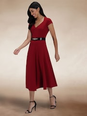 Hot Squash Red A Line Midi Dress with Cap Sleeves - Image 2 of 4