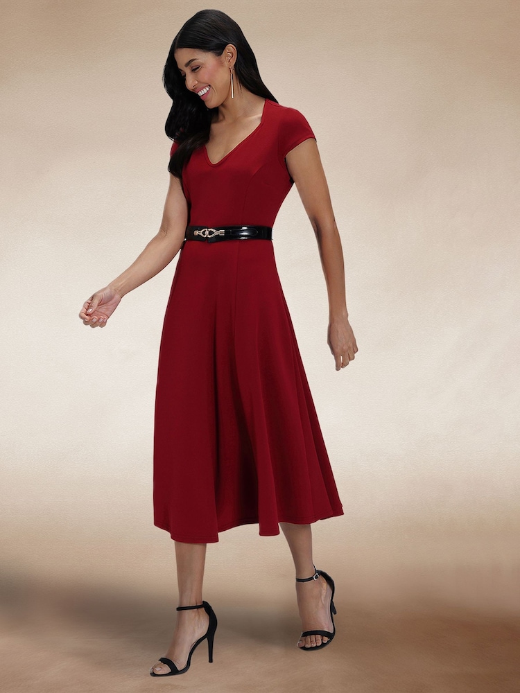 Hot Squash Red A Line Midi Dress with Cap Sleeves - Image 2 of 4