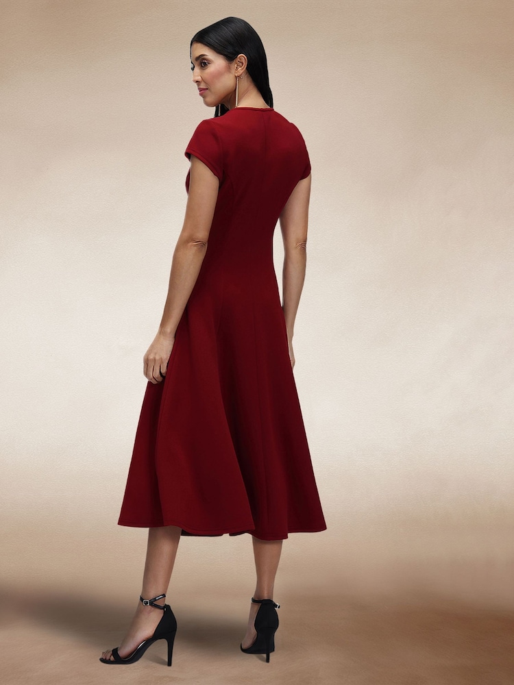 Hot Squash Red A Line Midi Dress with Cap Sleeves - Image 4 of 4