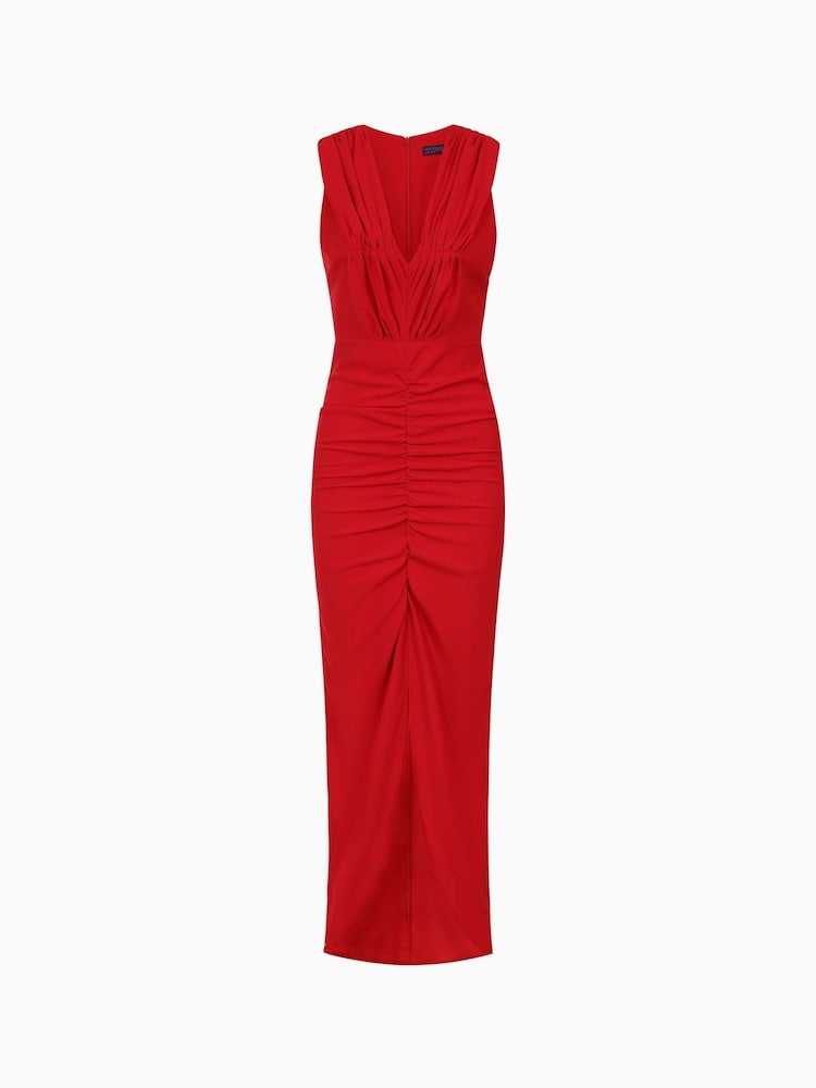 Hot Squash Red Deep V-Neck Ruched Dress - Image 6 of 6