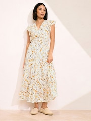 PixieGirl Petite Natural Flutter Sleeve Wrap Midi Dress - Image 1 of 4