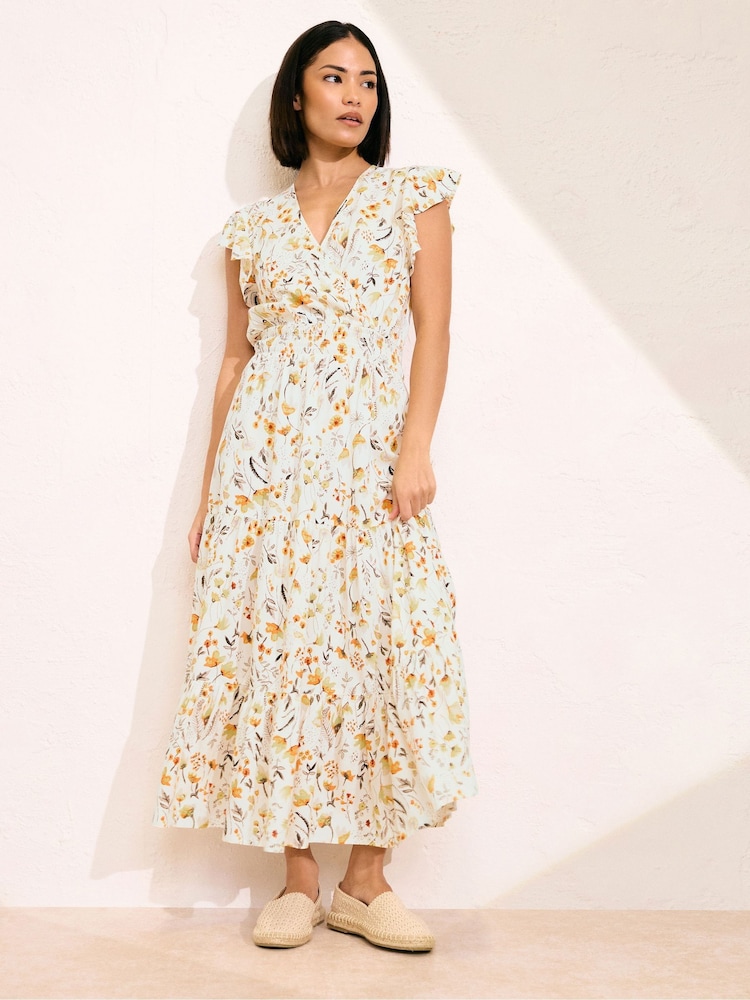 PixieGirl Petite Natural Flutter Sleeve Wrap Midi Dress - Image 1 of 4