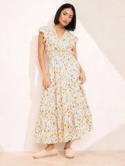 PixieGirl Petite Natural Flutter Sleeve Wrap Midi Dress - Image 3 of 4
