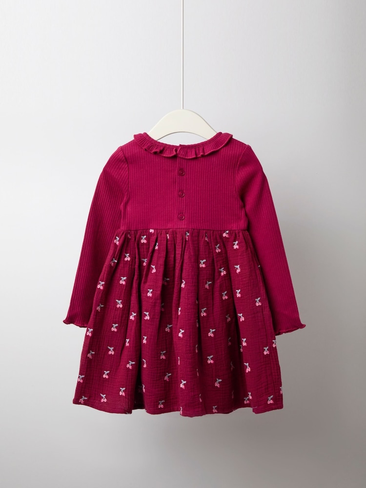 JoJo Maman Bébé Berry Pink Cherry Embroidered Rib Cheesecloth Dress - Image 6 of 6