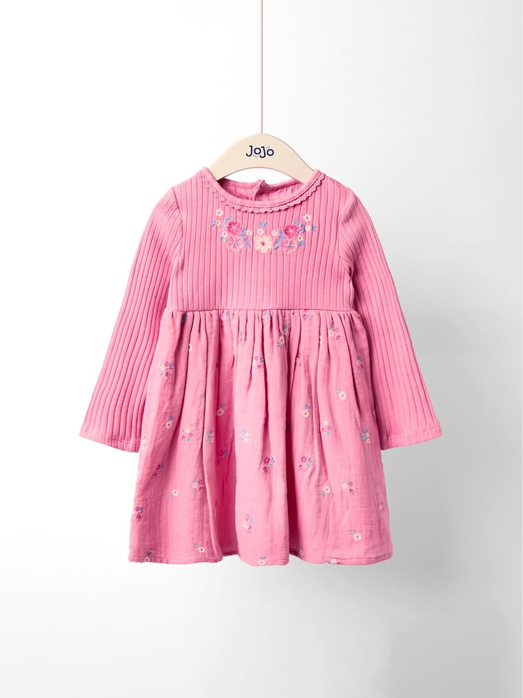 Jojo Maman Bébé Pink Emb Dress - Image 1 of 4