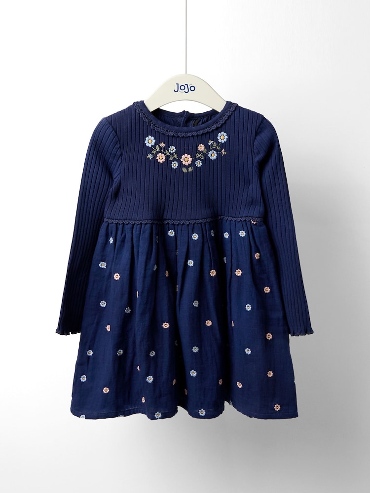 Jojo Maman Bébé Blue Emb Dress - Image 1 of 5