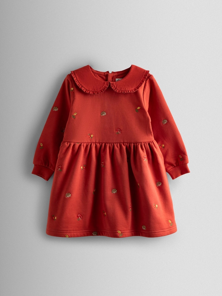JoJo Maman Bébé Rust Orange Floral Embroidered Sweat Dress with Collar - Image 1 of 4
