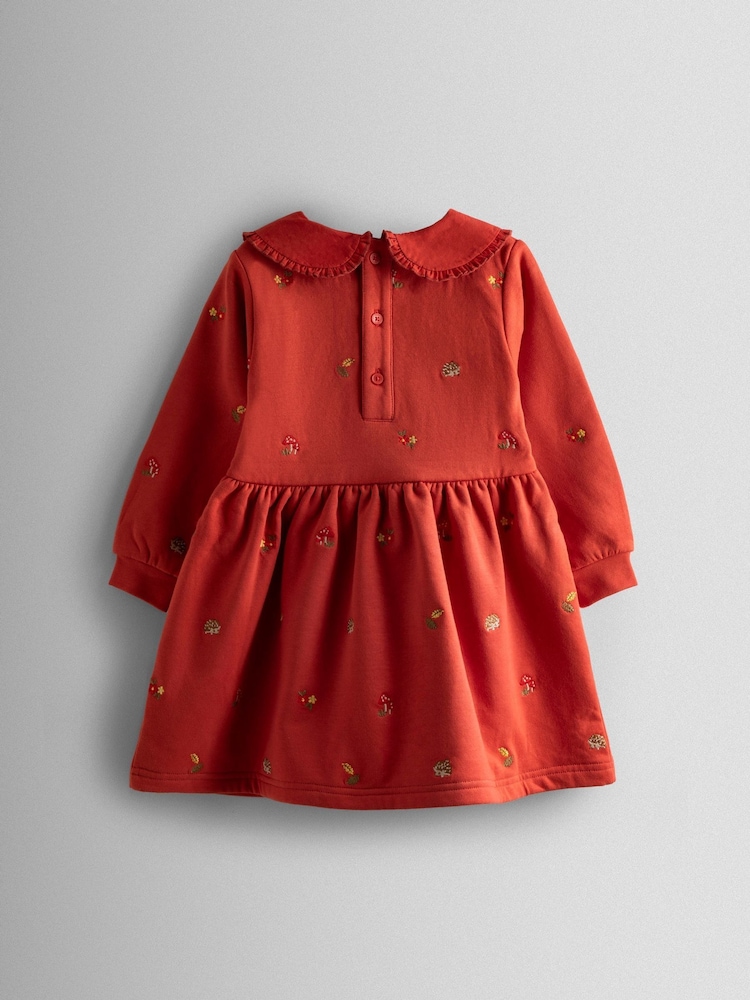 JoJo Maman Bébé Rust Orange Floral Embroidered Sweat Dress with Collar - Image 4 of 4