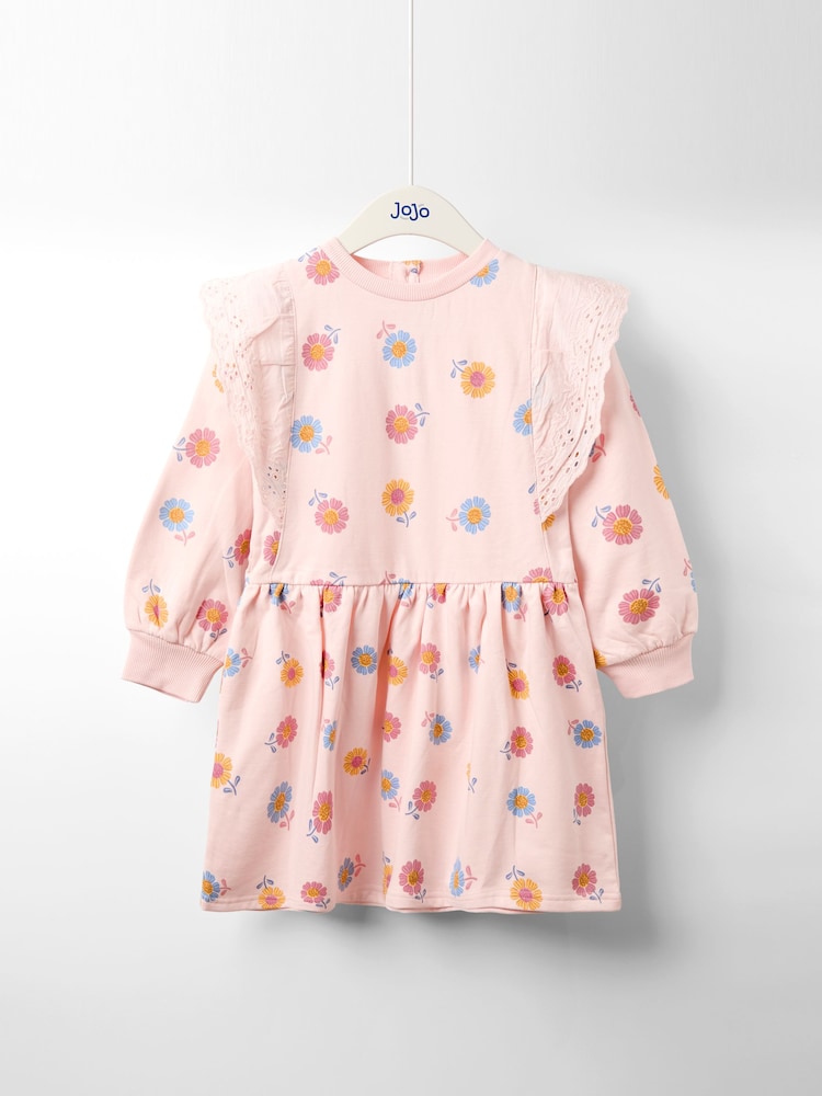 JoJo Maman Bébé Pink Broderie Frill Sweat Dress - Image 1 of 4