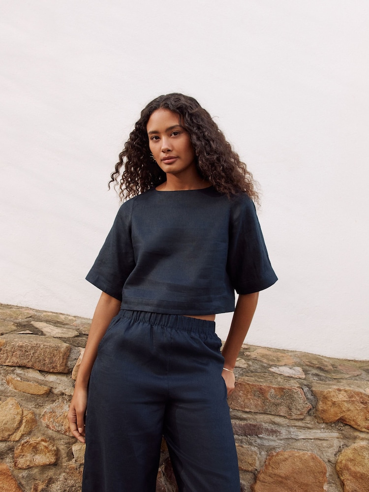 Navy 100% Linen Barrel Leg Trousers - Image 4 of 4 Navy 100% Linen Barrel Leg Trousers - Image 4 of 4