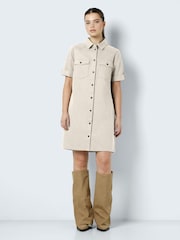 NOISY MAY Cream Short Sleeve Denim Shirt Dress - Image 1 of 3