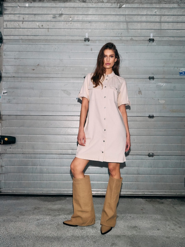 NOISY MAY Cream Short Sleeve Denim Shirt Dress - Image 3 of 3