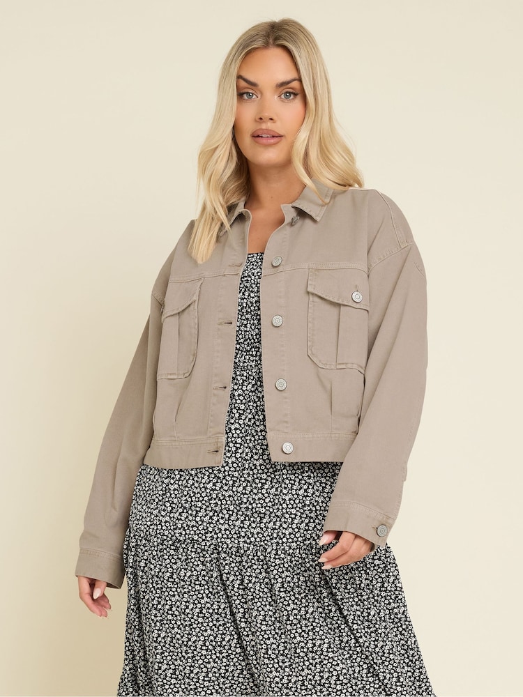 Yours Curve Brown Balloon Hem Denim 100% Cotton Jacket - Image 1 of 4