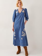 Monsoon Blue Fallon Floral Print Embroidered Denim 100% Cotton Midi Dress - Image 1 of 5