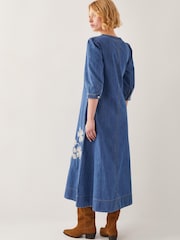 Monsoon Blue Fallon Floral Print Embroidered Denim 100% Cotton Midi Dress - Image 3 of 5