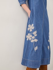 Monsoon Blue Fallon Floral Print Embroidered Denim 100% Cotton Midi Dress - Image 4 of 5