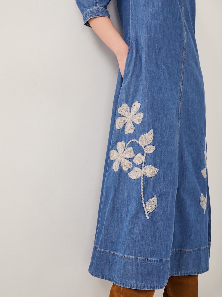 Monsoon Blue Fallon Floral Print Embroidered Denim 100% Cotton Midi Dress - Image 4 of 5