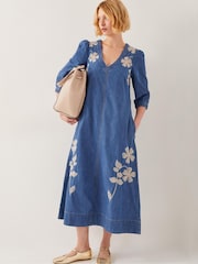 Monsoon Blue Fallon Floral Print Embroidered Denim 100% Cotton Midi Dress - Image 5 of 5