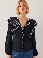 Monsoon Black Freya Frill 100% Cotton Jersey Blouse - Image 1 of 4