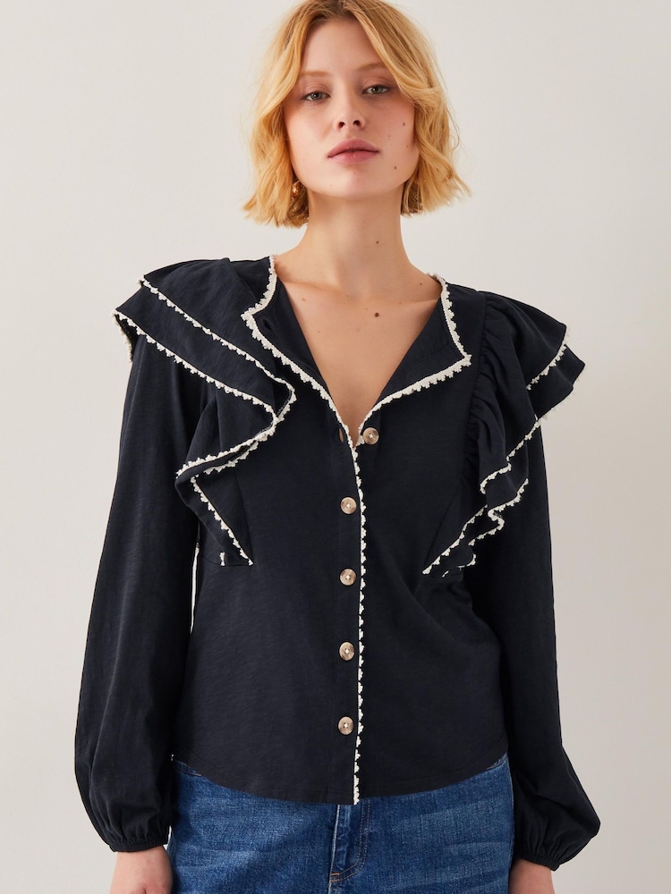Monsoon Black Freya Frill 100% Cotton Jersey Blouse - Image 1 of 4