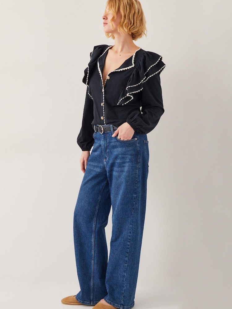 Monsoon Black Freya Frill 100% Cotton Jersey Blouse - Image 2 of 4