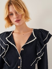 Monsoon Black Freya Frill 100% Cotton Jersey Blouse - Image 3 of 4