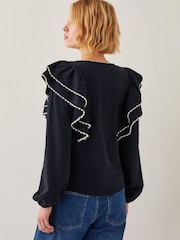 Monsoon Black Freya Frill 100% Cotton Jersey Blouse - Image 4 of 4