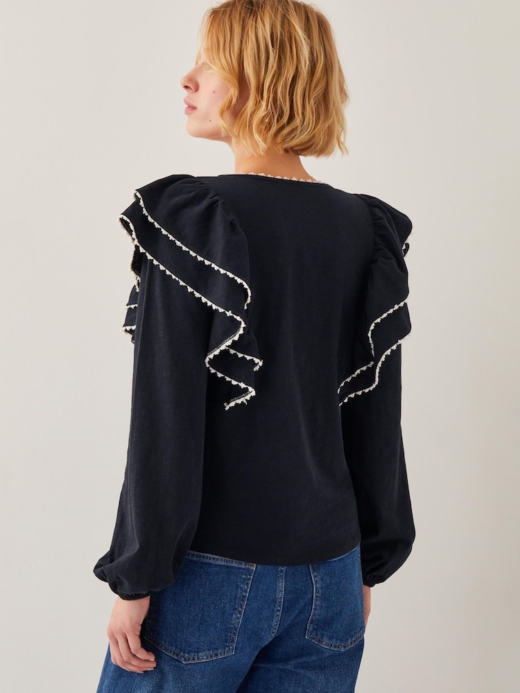 Monsoon Black Freya Frill 100% Cotton Jersey Blouse - Image 4 of 4