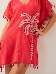 Monsoon Orange Katie Embroidered Tassel 100% Cotton Kaftan - Image 4 of 5