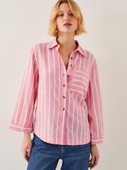 Monsoon Pink Tyra Linen-Blend Stripe Shirt - Image 1 of 4