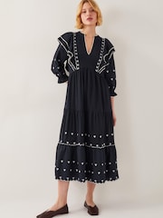 Monsoon Black Freya Frill Jersey 100% Cotton Midi Dress - Image 1 of 4