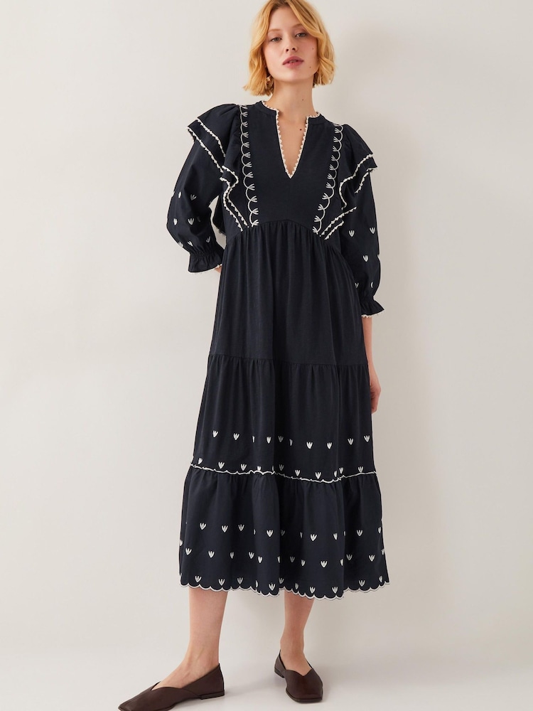 Monsoon Black Freya Frill Jersey 100% Cotton Midi Dress - Image 1 of 4