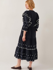 Monsoon Black Freya Frill Jersey 100% Cotton Midi Dress - Image 2 of 4